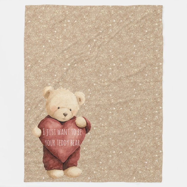 Couverture Polaire Nounours rouge cœur paillettes dorées (Devant)