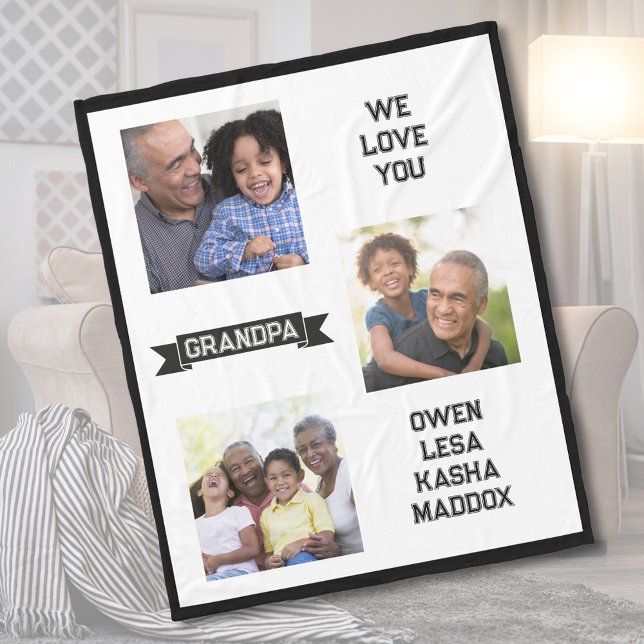 Couverture Polaire Nous Vous Aimons Grand-Père Photo Collage Blanche  (We Love You Grandpa Photo Collage Fleece Blanket)