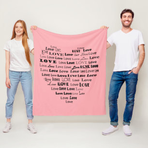 Couverture Polaire Nuage de mot de coeur d'amour - noir sur le rose