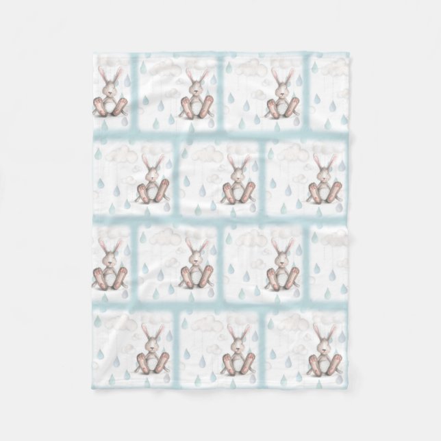 Couverture Polaire Nuages de lapin et gouttes de pluie -Bleu (Devant)