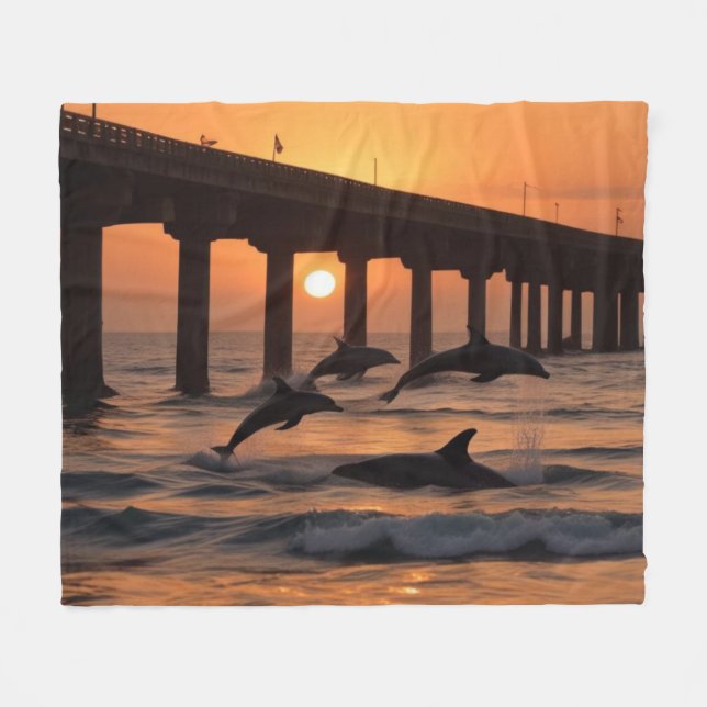 Couverture Polaire Ocean Beach Pier - Plage Sunset Dolphins (Devant (Horizontal))