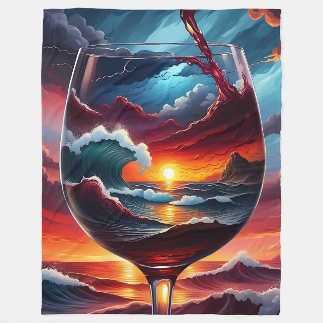 Couverture Polaire "Ocean Sunset in Wine Glass - Surreal Seascape Art (Devant)