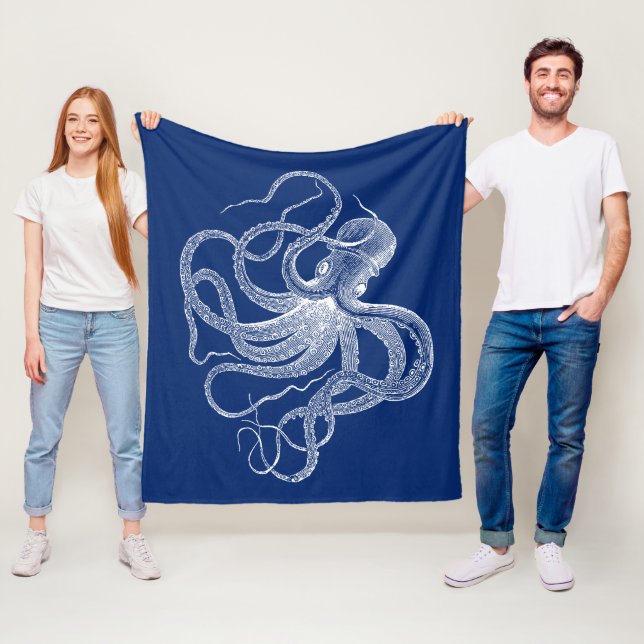 Couverture Polaire Octopus Blanc vintage Sur Bleu Marine (En situation)
