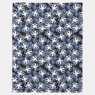 Couverture Polaire Octopus noir, blanc et bleu Motif sans couture