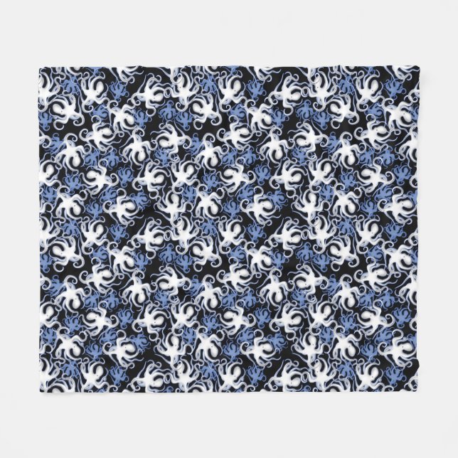 Couverture Polaire Octopus noir, blanc et bleu Motif sans couture (Devant (Horizontal))