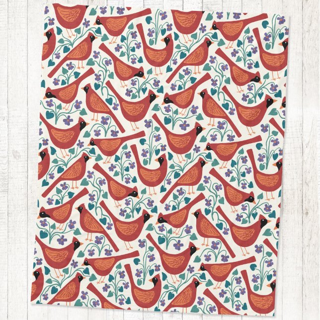 Couverture Polaire Oiseau Cardinal Fleur Violette Bleue Impression su (Cardinal bird blue wood violet flower arts and crafts style block print fleece blanket)