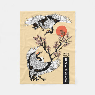 Couverture Polaire Oiseau de grue japonais et sakura en fleurs