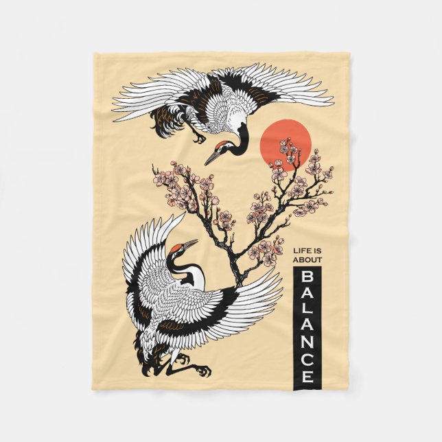 Couverture Polaire Oiseau de grue japonais et sakura en fleurs (Devant)
