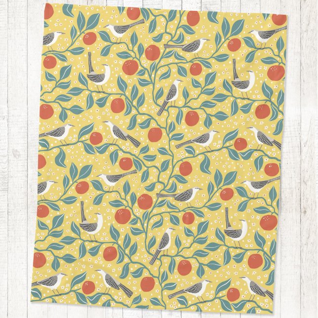 Couverture Polaire Oiseau Fleur de Bigaradier Moqueur Soleil Jaune (Mockingbird and orange blossom bird and botanical fleece blanket)