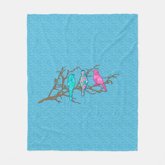 Couverture Polaire Oiseaux appliqués sur une branche, Sky Blue Multi (Devant)