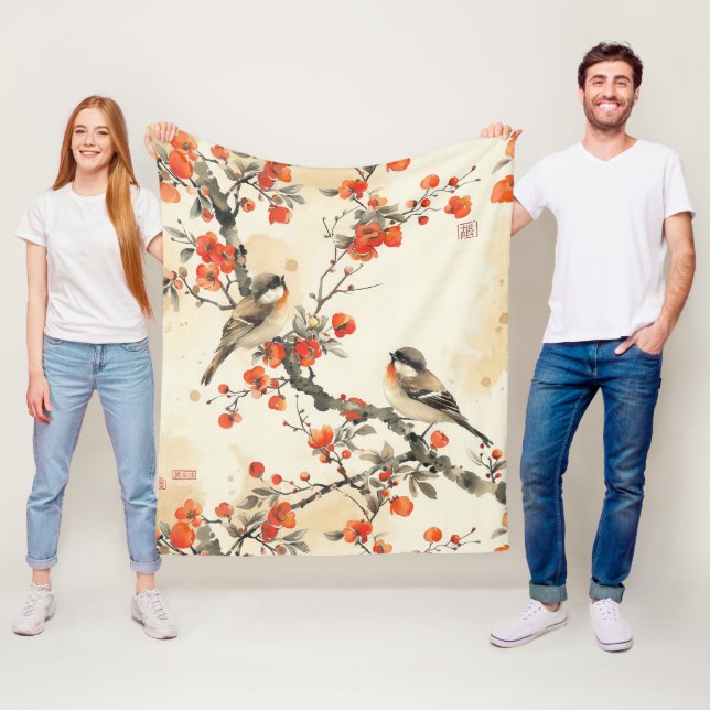 Couverture Polaire Oiseaux chantants orientaux et floraison - Asie tr (En situation)