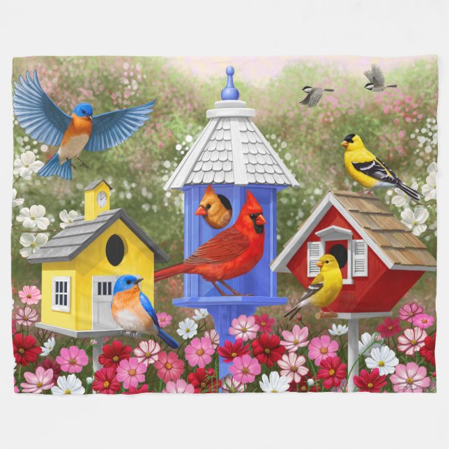 Couverture Polaire Oiseaux colorés et maisons d'oiseaux (Devant (Horizontal))