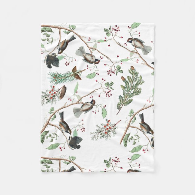 Couverture Polaire Oiseaux de poulet Baies et Pinecones Aquarelle (Devant)