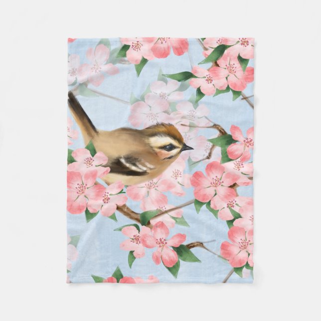 Couverture Polaire Oiseaux et fleurs. Motif de Spring (Devant)