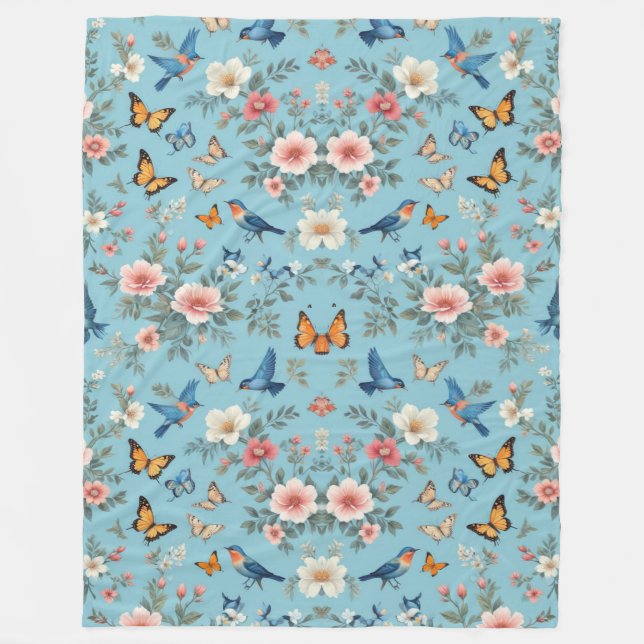 Couverture Polaire Oiseaux Fleurs Et Papillons (Devant)