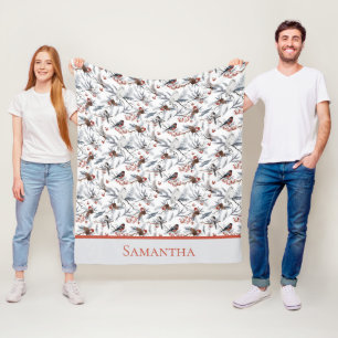 Couverture Polaire Oiseaux Monogramme Blanc Gris Argent Branche Baie