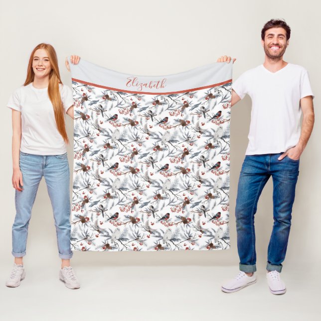 Couverture Polaire Oiseaux Monogramme Blanc Gris Argent Branche Baie  (En situation)