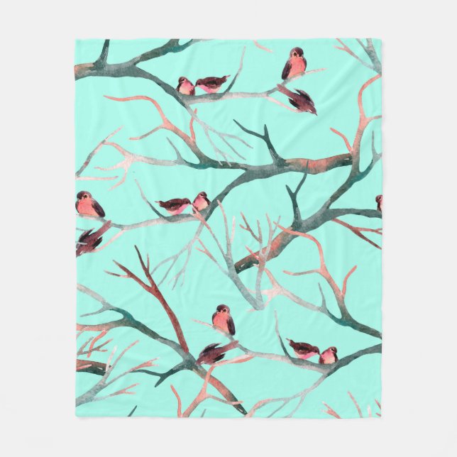 Couverture Polaire Oiseaux sur les branches de l'arbre aquarelle pein (Devant)