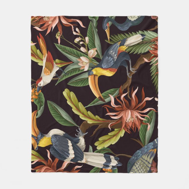 Couverture Polaire Oiseaux tropicaux : Feuilles Vintages & Fleurs (Devant)