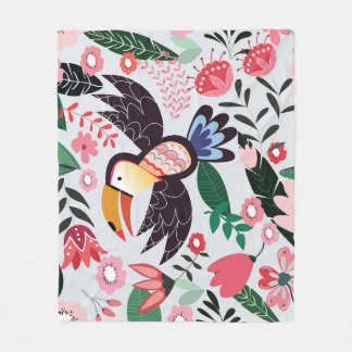 Couverture Polaire Oiseaux tropicaux, motif de gribouillis à fleurs.