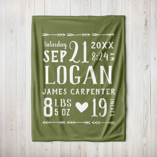 Couverture Polaire Olive Green Baby Boy Birth Stats Keepsaké