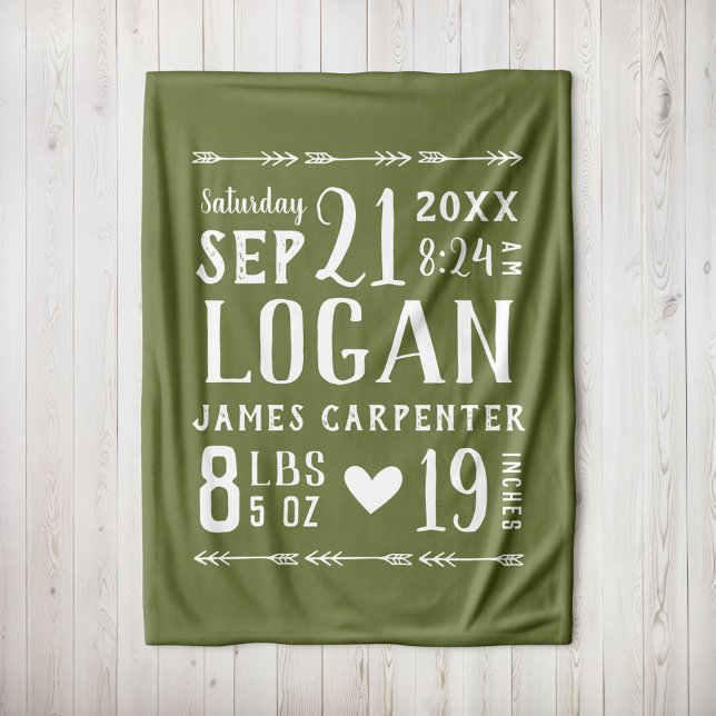 Couverture Polaire Olive Green Baby Boy Birth Stats Keepsaké (Créateur téléchargé)