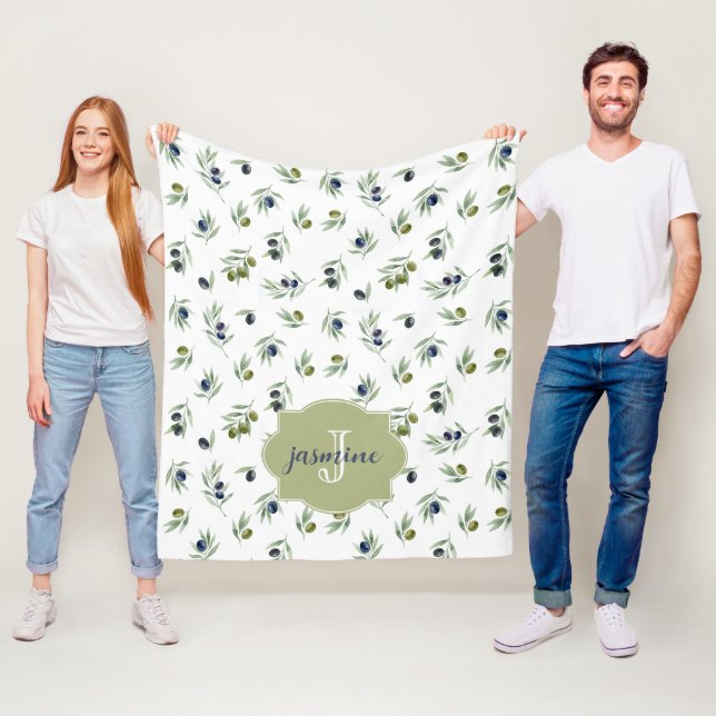 Couverture Polaire Olive Green Monogram Name Watercolor Chic Pattern (En situation)