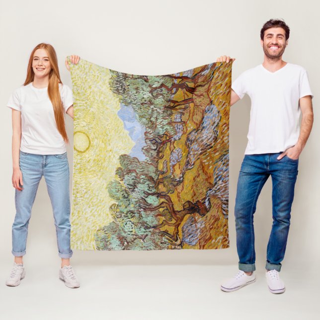 Couverture Polaire Oliviers au ciel et au soleil jaunes (En situation)