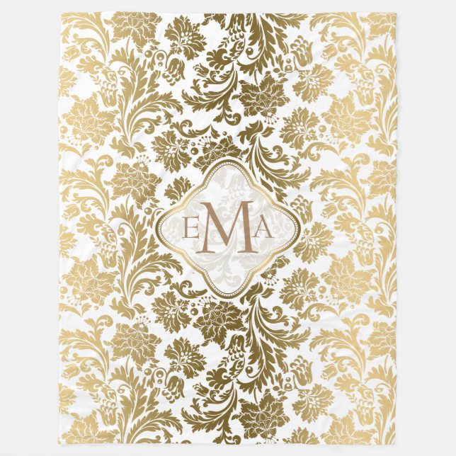 Couverture Polaire Or et blanc monogramme et Damas florales (Devant)