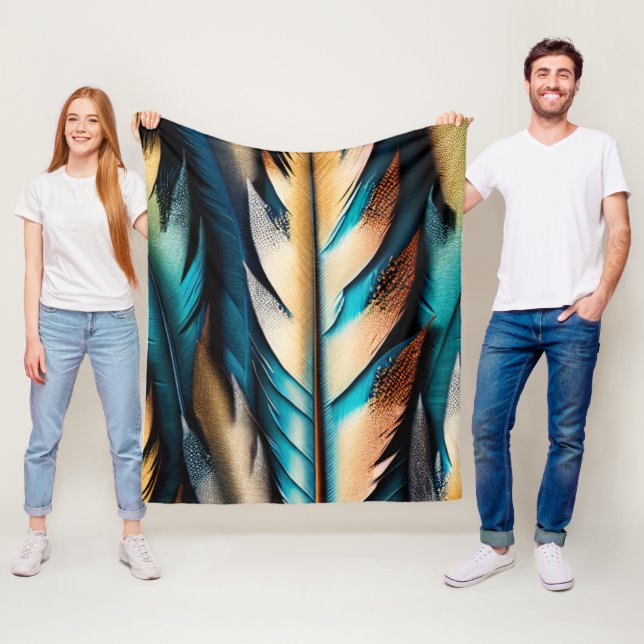 Couverture Polaire Or et plumes Turquoises (En situation)
