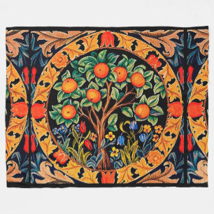 COUVERTURE POLAIRE ORANGE ARBRE AVEC FEUILLES VERTS, FLEURS