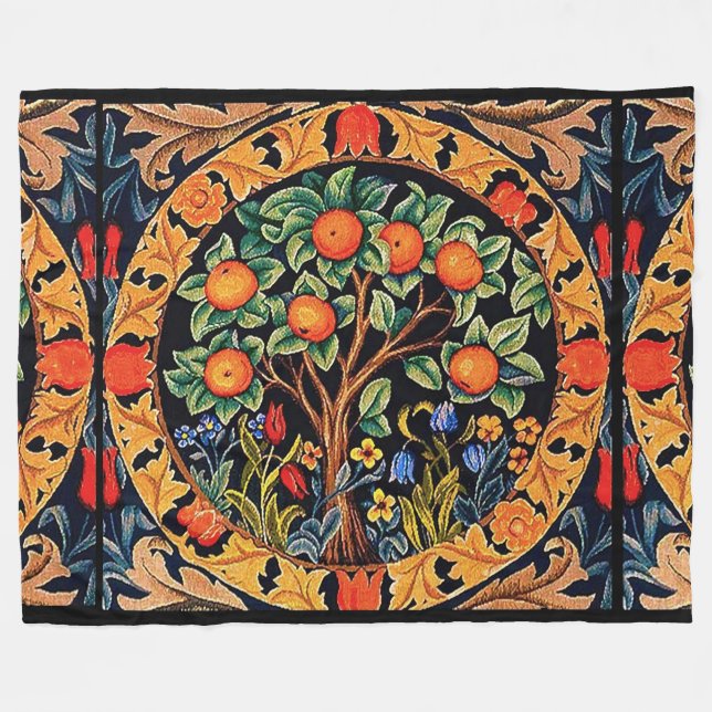 COUVERTURE POLAIRE ORANGE ARBRE AVEC FEUILLES VERTS, FLEURS (Devant (Horizontal))