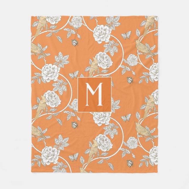 Couverture Polaire Orange Chinoiserie Floral Monogramme (Devant)
