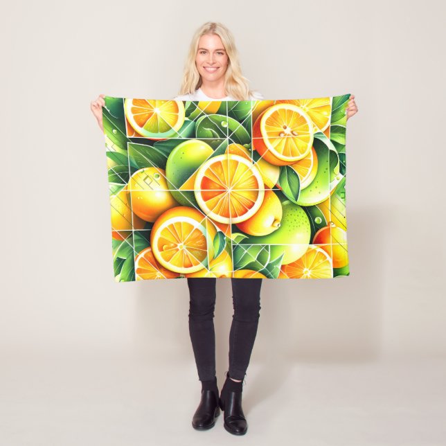 Couverture Polaire Orange Citron Botanique Citrus Géométrique (En situation)