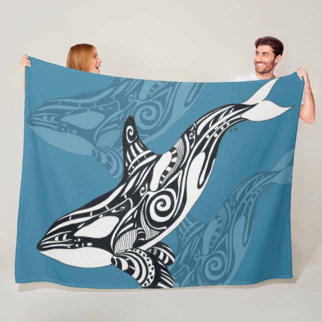 Couverture Polaire Orca Killer Whale Tlingit Indigo Blue ink (En situation)