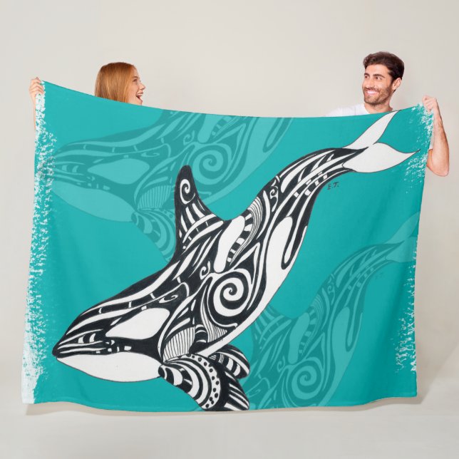 Couverture Polaire Orca tribale broyée Turquoise (En situation)