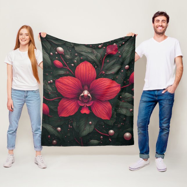 Couverture Polaire Orchidée rouge en fleurs avec des feuilles vertes (En situation)
