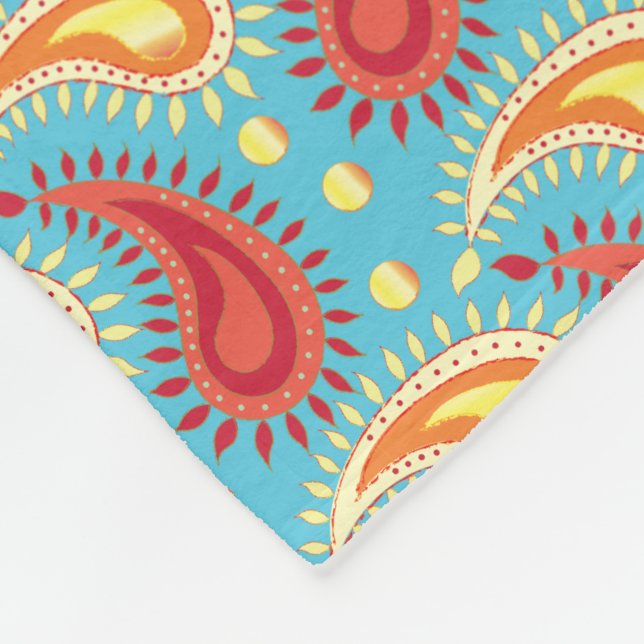 Couverture Polaire Oriental Turquoise Orange Perse Motif Paisley (Coin)