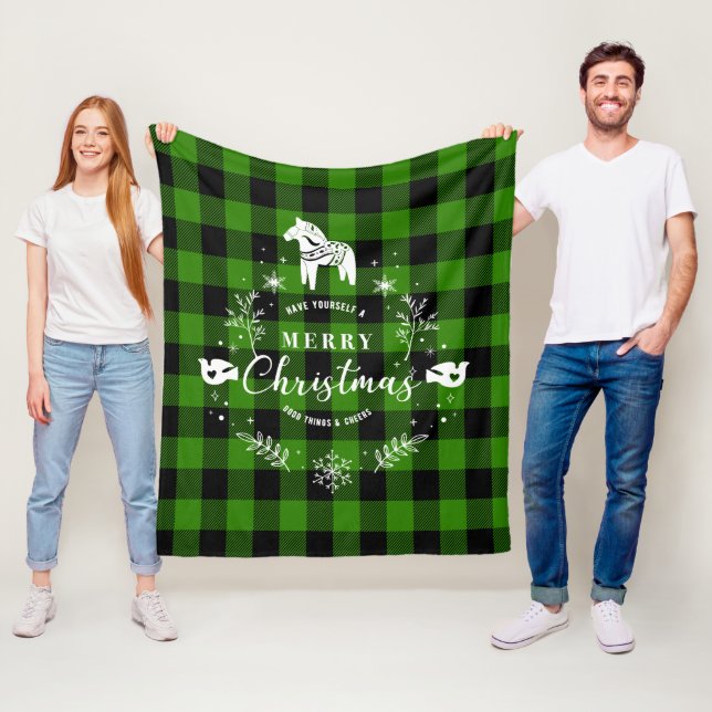 Couverture Polaire Ornement de Noël sur le motif plaid noir & vert (En situation)