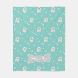 Couverture Polaire Os de chiot blanc pelucheux bleu vert mignon de