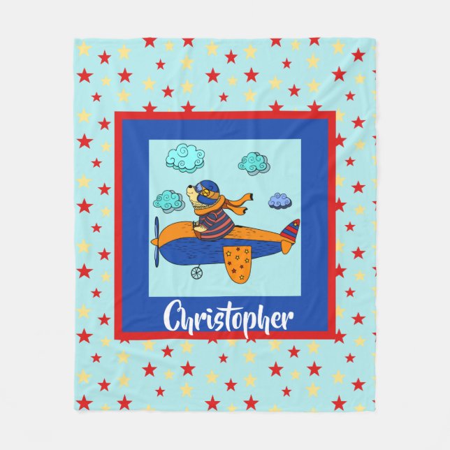 Couverture Polaire Ours à l'avion, mignon personnalisé enfant (Devant)