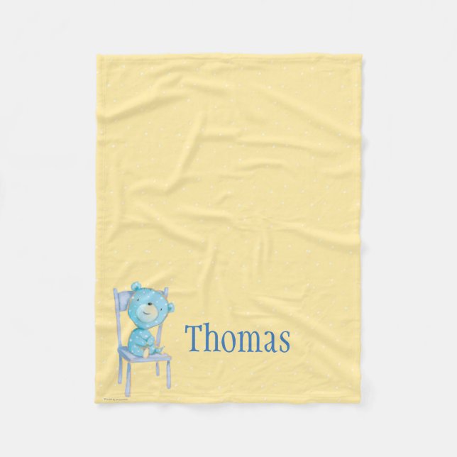 Couverture Polaire Ours bleu de calicot souriant sur la chaise (Devant)