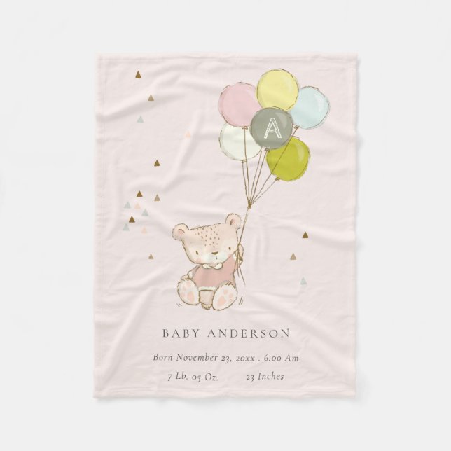 Couverture Polaire Ours Bleu mou Balloon Fille Monogramme Baby Stat (Devant)