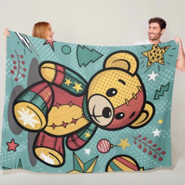 Couverture Polaire Ours en peluche de Noël patchwork fantaisiste (Fleece  blanket - soft and colourful available  in 3 different sizes.)