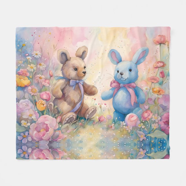 Couverture Polaire Ours en peluche et lapin dans un jardin pastel (Devant (Horizontal))