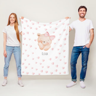 Couverture Polaire Ours en peluche personnalisé avec des cœurs roses