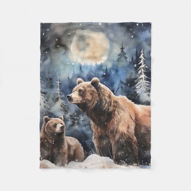 Couverture Polaire Ours Grizzly et bébé (Devant)