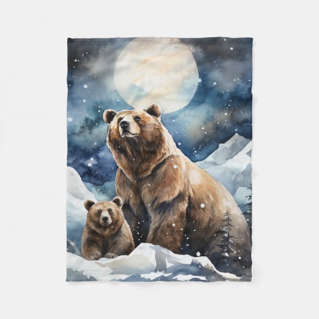 Couverture Polaire Ours Grizzly et bébé (Devant)
