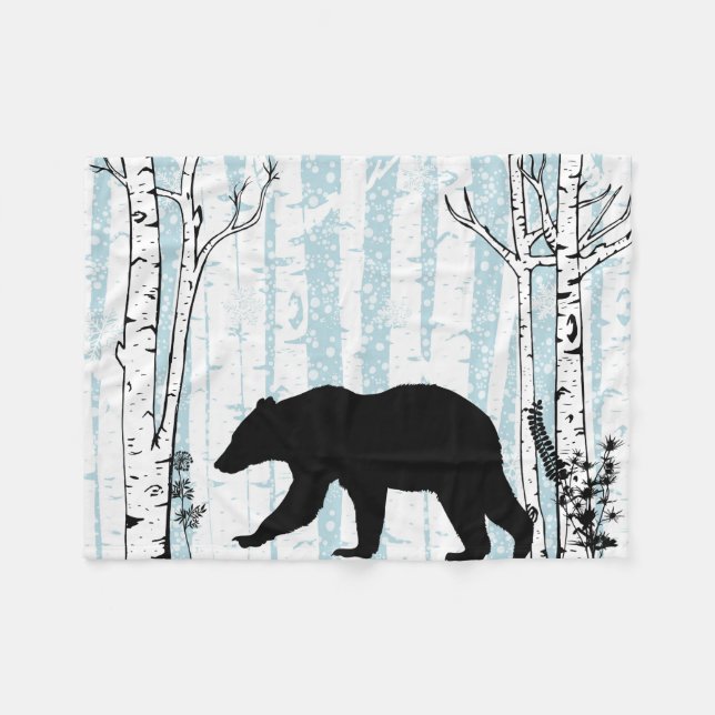 Couverture Polaire Ours Noir Avec Bleu Ciel Oiseau Blanche Fleece (Devant (Horizontal))