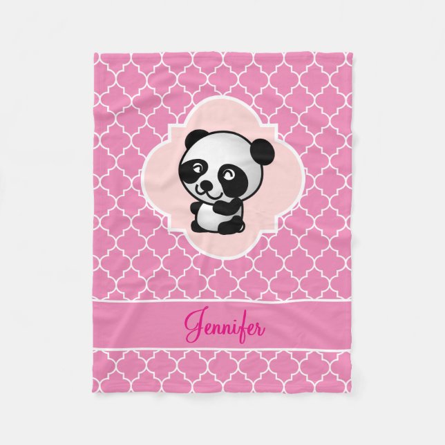 Couverture Polaire Ours panda Quatrefoil rose avec le nom (Devant)